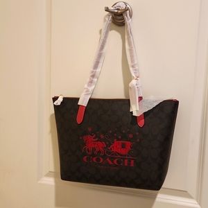 Coach brand new tote. Horse and sleigh. Brown with Rouge handles.